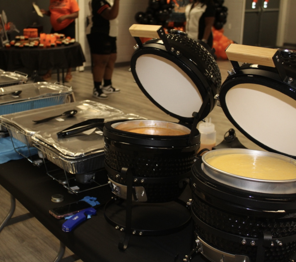 Hibachi grills and sauces at a catering event