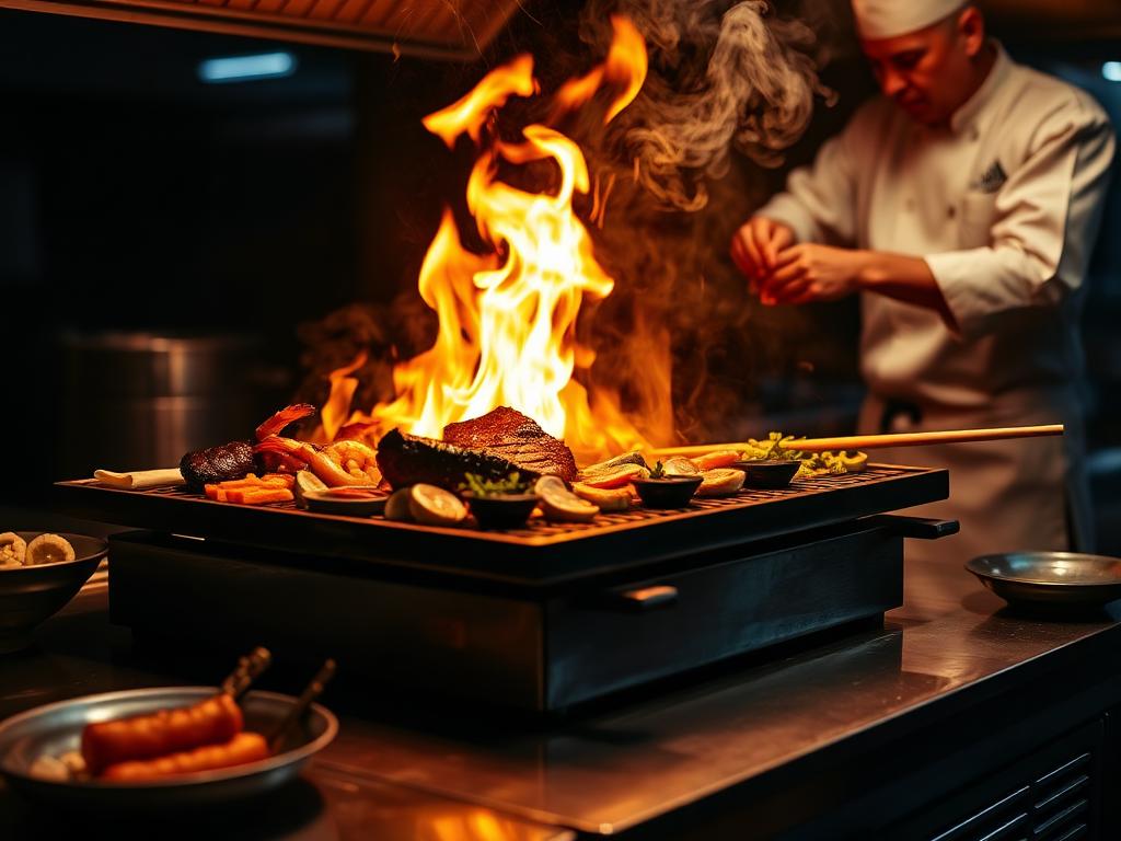 Hibachi grill with open flames
